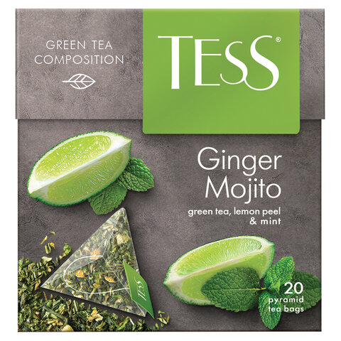 Чай TESS (Тесс) "Ginger Mojito", зеленый с ароматом мяты и лайма, 20 пирамидок по 1,8 г, 0788-12