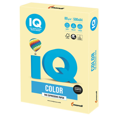 Бумага цветная IQ color, А4, 80 г/м2, 500 л., пастель, желтая, YE23