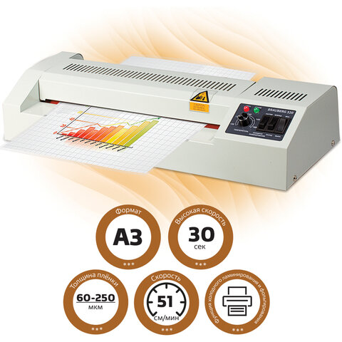 Ламинатор BRAUBERG FGK-320, формат А3, толщина пленки 1 сторона 60-250 мкм, скорость 51 см/мин, 531351