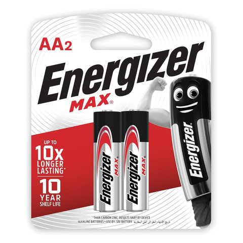 Батарейки КОМПЛЕКТ 2 шт., ENERGIZER Max, AA (LR06, 15А), алкалиновые, пальчиковые, блистер, E300157000