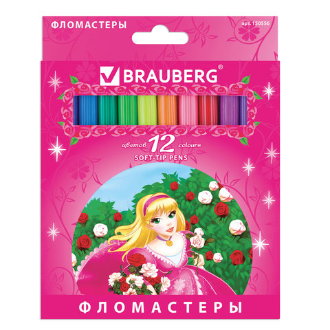 Фломастеры BRAUBERG "Rose Angel", 12 цветов, вентилируемый колпачок, картонная упаковка, увеличенный срок службы, 150556