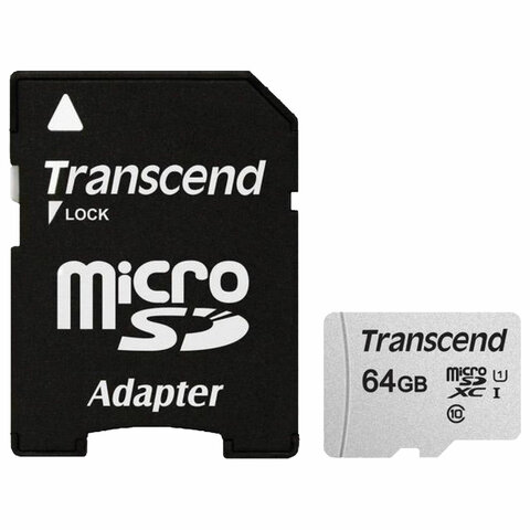 Карта памяти microSDXC 64 GB TRANSCEND UHS-I U1, 95 Мб/сек (class 10), адаптер, TS64GUSD300S-A