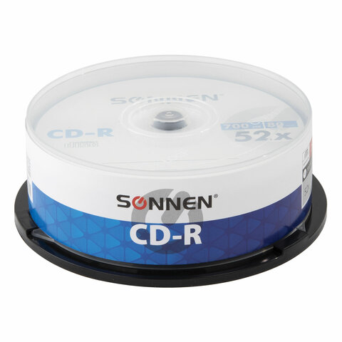 Диски CD-R SONNEN, 700 Mb, 52x, Cake Box (упаковка на шпиле) КОМПЛЕКТ 25 шт., 513531