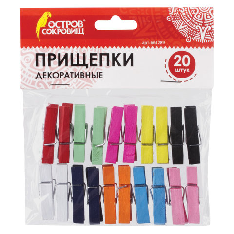 Прищепки декоративные "Классика", 20 штук, 3,5 см, 10 цветов, ОСТРОВ СОКРОВИЩ, 661289