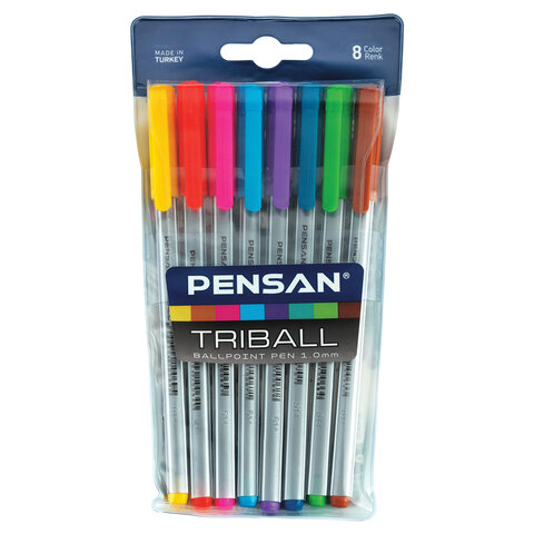 Ручки шариковые масляные PENSAN "Triball Colored", НАБОР 8 шт., АССОРТИ, узел 1 мм, линия письма 0,5 мм, 1003/PVC8