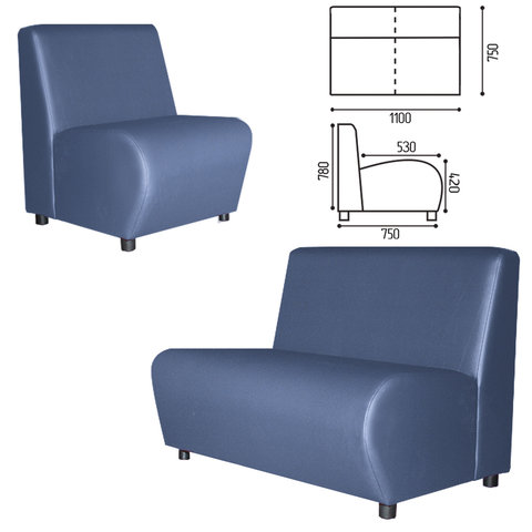 Диван мягкий двухместный "Клауд", V-600, 1100х750х780 мм, без подлокотников, экокожа, голубой