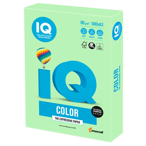 Бумага цветная IQ color БОЛЬШОЙ ФОРМАТ (297х420 мм), А3, 80 г/м2, 500 л., пастель, зеленая, MG28