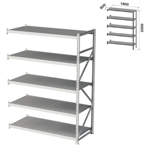 Стеллаж металлический (ПРИСТАВНАЯ СЕКЦИЯ) ПРАКТИК "MS Pro", 2500х1800х800 мм, 5 полок (КОМПЛЕКТ)