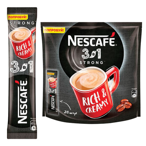 Кофе растворимый порционный NESCAFE "3 в 1 Крепкий", КОМПЛЕКТ 20 пакетиков по 14,5 г, 12460873