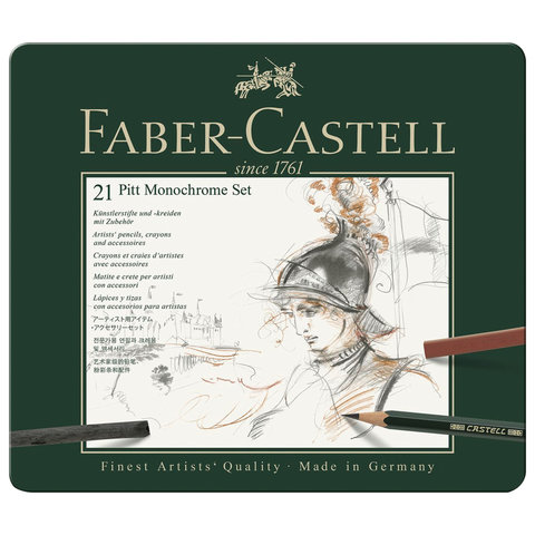 Набор художественный FABER-CASTELL "Pitt Monochrome", 21 предмет, металлическая коробка, 112976