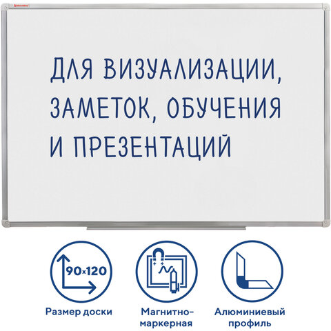 Доска магнитно-маркерная 90х120 см, алюминиевая рамка, ГАРАНТИЯ 10 ЛЕТ, РОССИЯ, BRAUBERG Стандарт, 235522