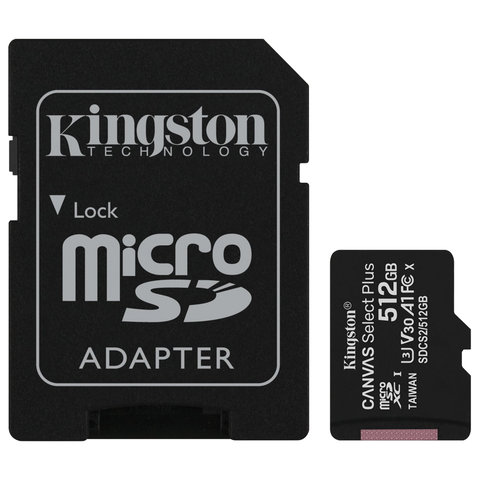 Карта памяти microSDXC 512 GB KINGSTON Canvas Select Plus UHS-I U3,100 Мб/с (class 10), адаптер, SDCS2/512GB